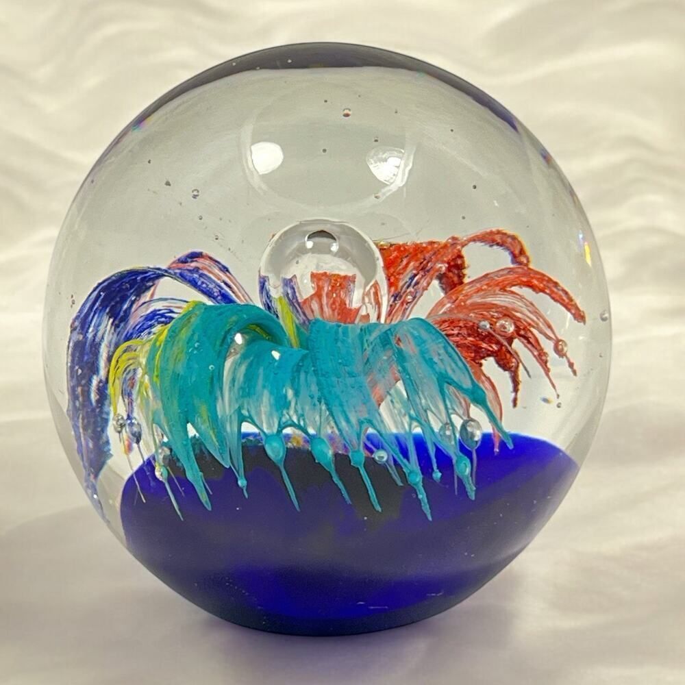 Blown Glass Art Paperweight Colorful Firework Flower Round 3" Tall Vintage